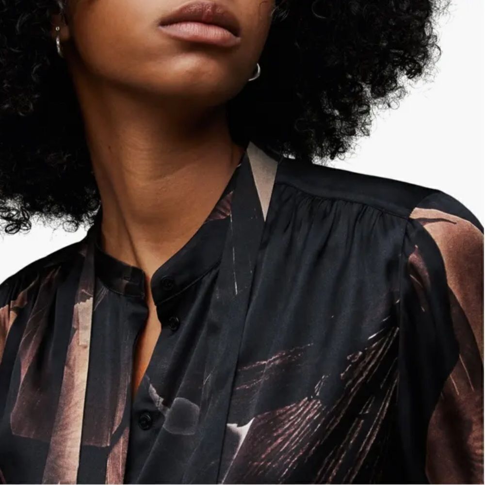 All Saints Black Satin Abstract Floral Tie-Neck Blouse with Bronze Accents - Picture 8 of 16